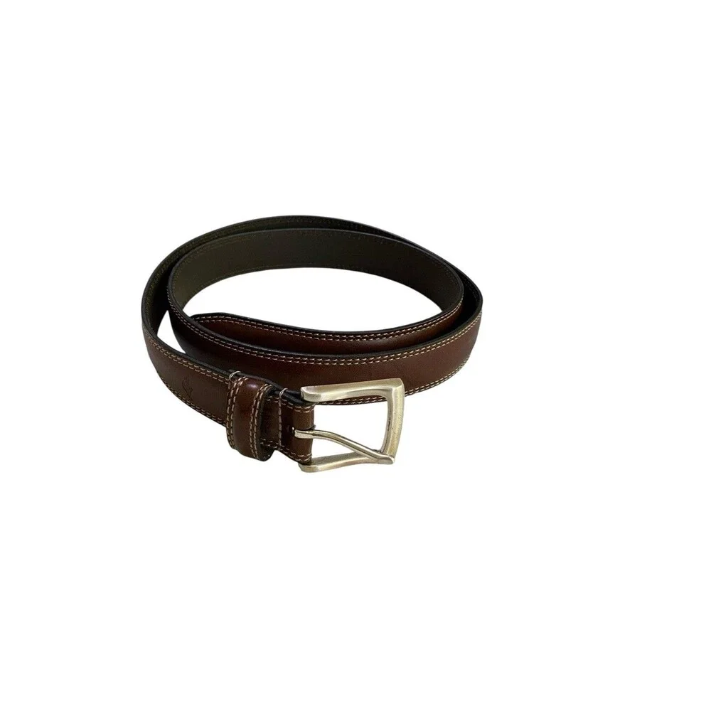 Dockers Brown Genuine Leather Stitched Belt Size 42 Silver Tone Buckle